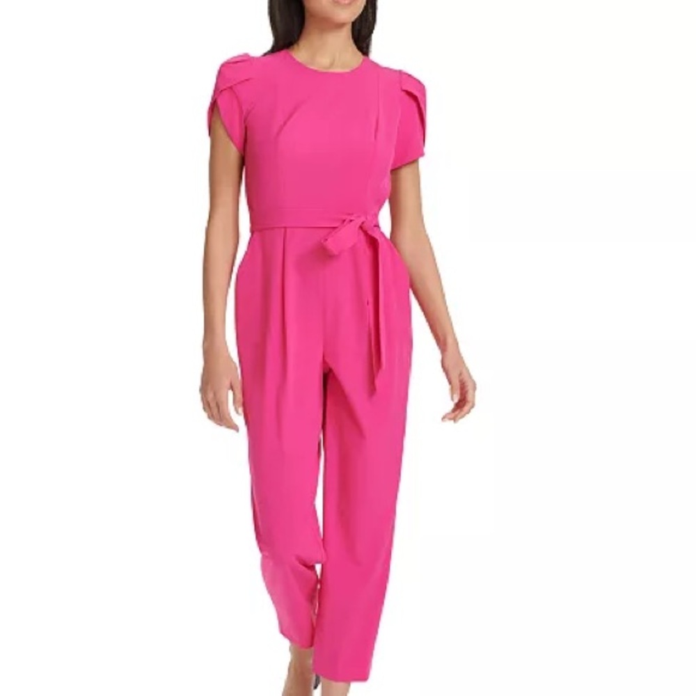 Calvin Klein Short Sleeve Waist Tie Jumpsuit- Teal